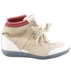 Isabel Marant Beige, White & Red Perforated Wedge Sneaker Boots